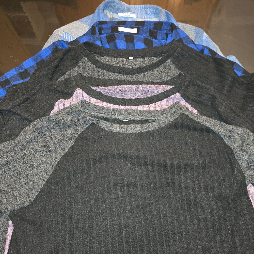 Lot of 5 Womens Long Sleeve Tops Flannel Plaid Raglan Knit Shirts Large